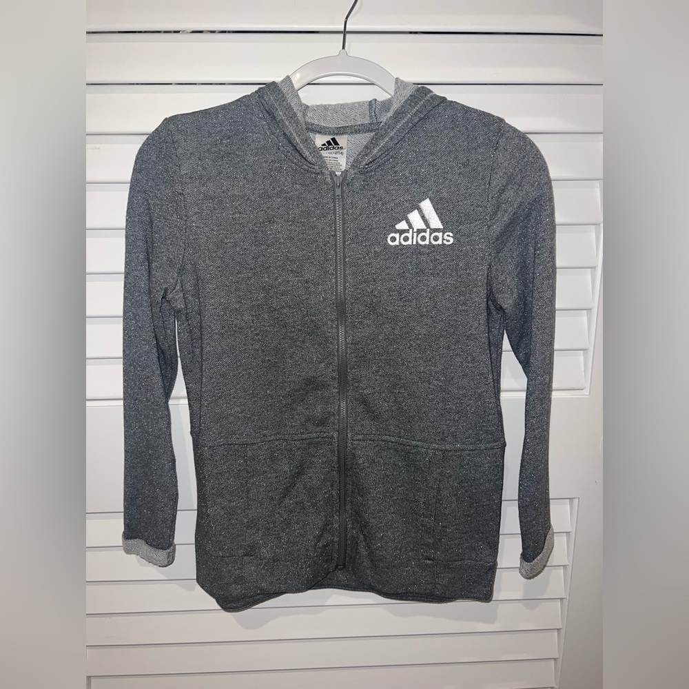 Girls Adidas Zip-up Hoodie, Grey/Silver Sparkles, Size: Large (12/14)